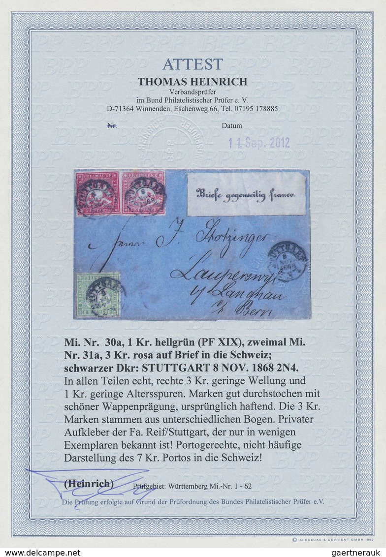 Württemberg - Marken Und Briefe: 1868, 1 Kreuzer Hellgrün Mit PLATTENFEHLER Und 2x 3 Kreuzer Rosa En - Other & Unclassified