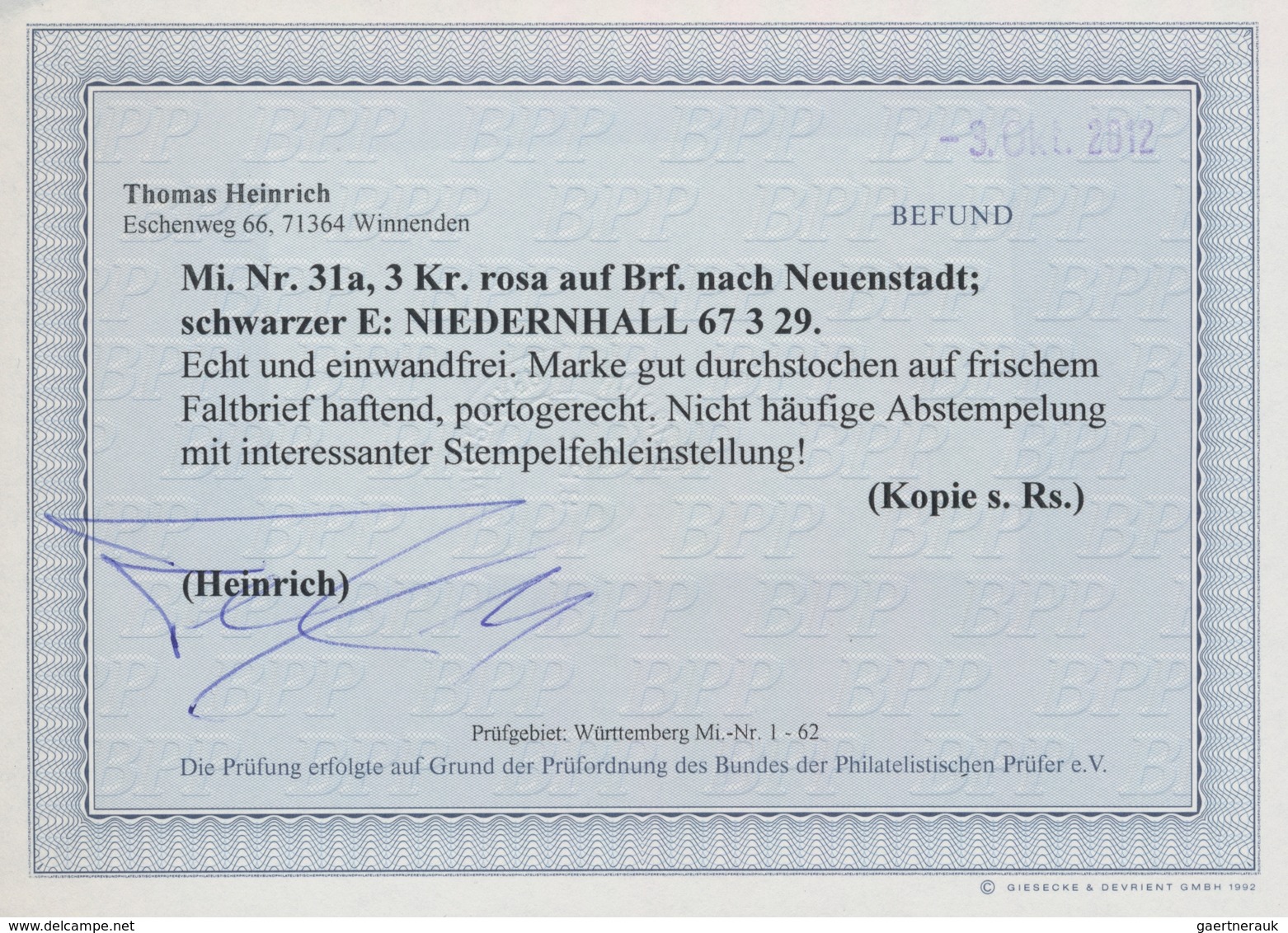 Württemberg - Marken Und Briefe: 1867, 3 Kr. Rosa, Farbfrisches Exemplar Mit Gutem Durchstich Auf Kl - Sonstige & Ohne Zuordnung