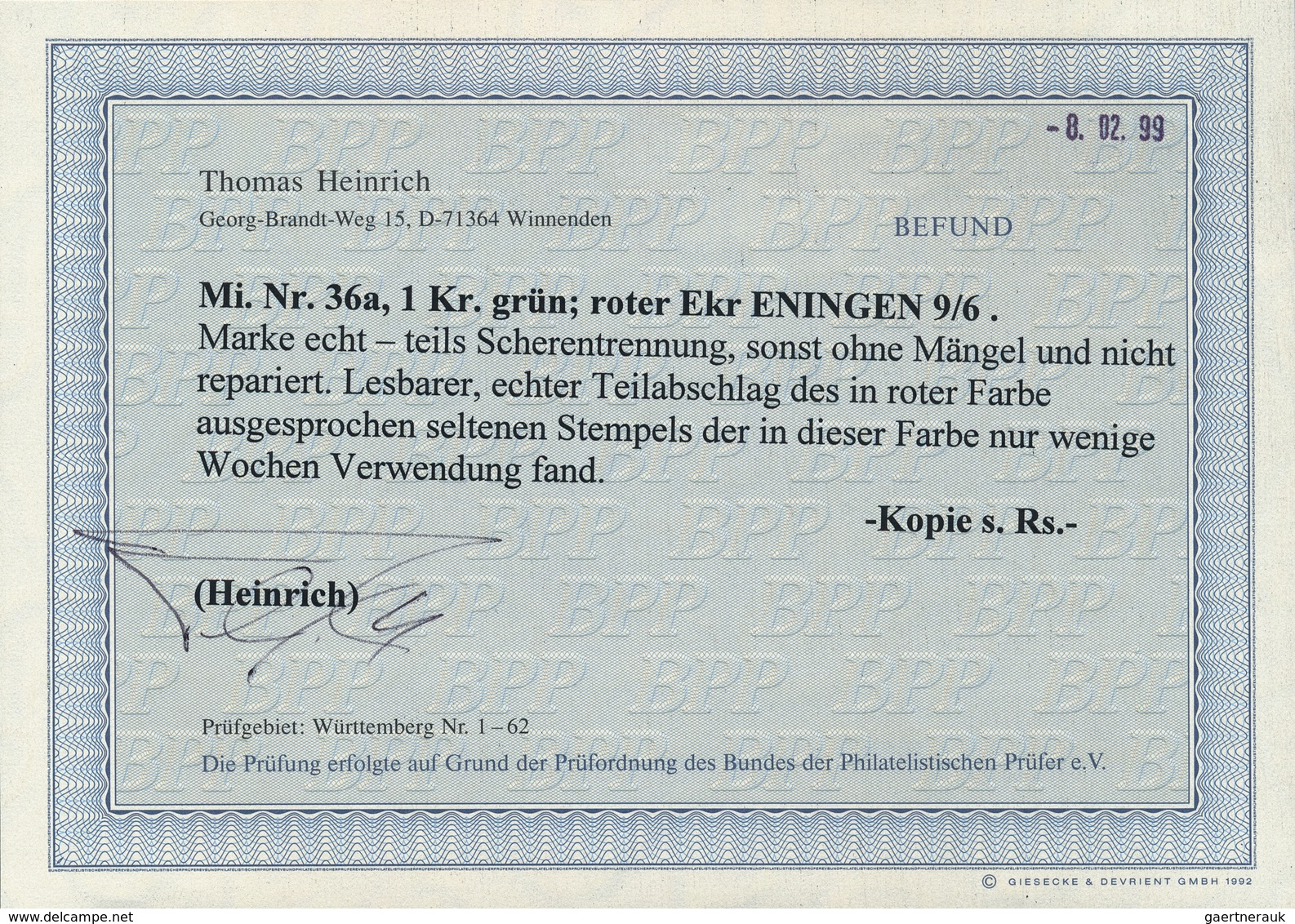 Württemberg - Marken Und Briefe: 1869 1 Kreuzer Grün Mit Rotem Ekr Eningen 9/6 Kurzbefund Heinrich - Andere & Zonder Classificatie