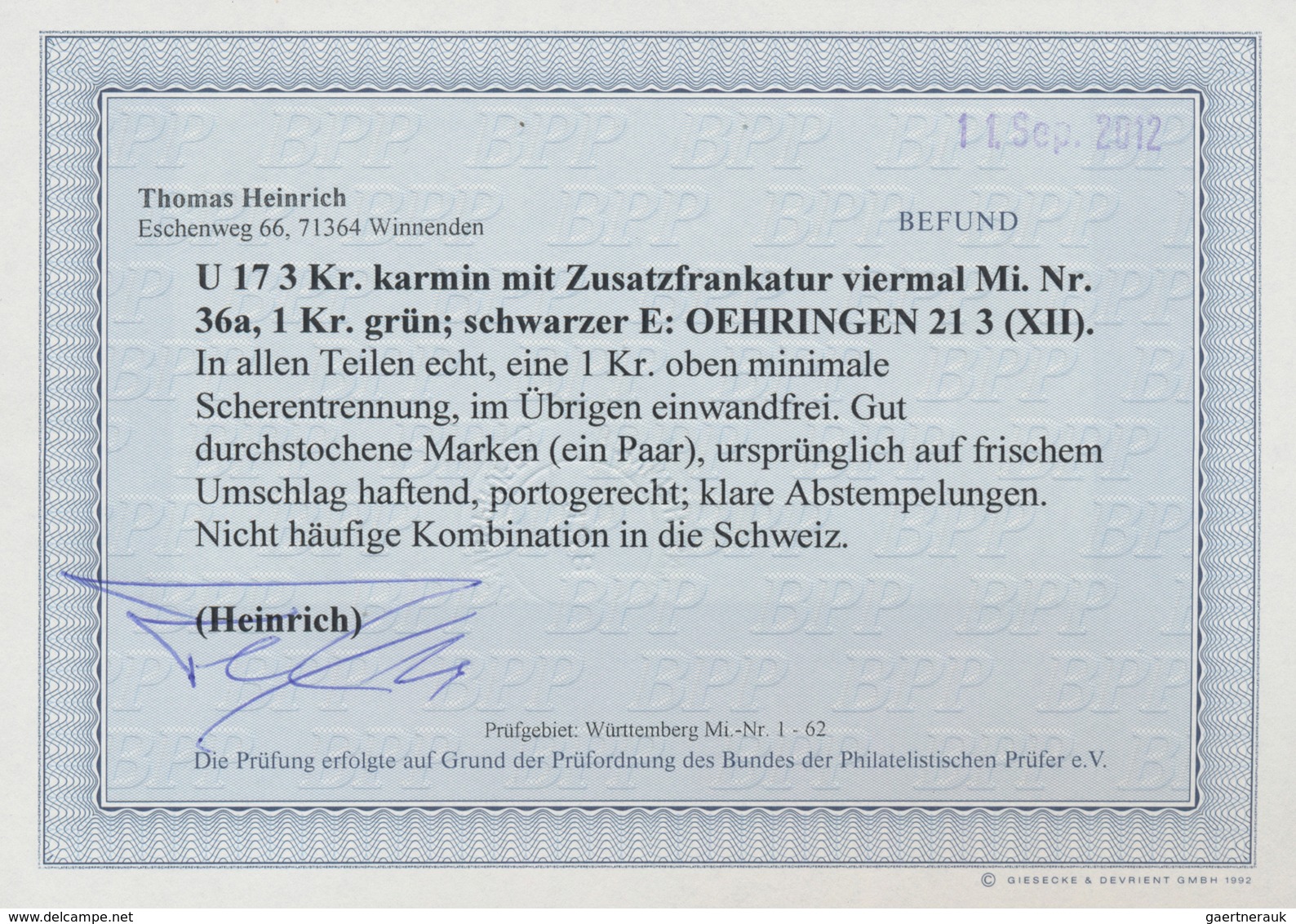 Württemberg - Marken Und Briefe: 1869, Ovalausgabe 1 Kr. Grün Im Dreierstreifen + Einzelmarke Durchs - Andere & Zonder Classificatie
