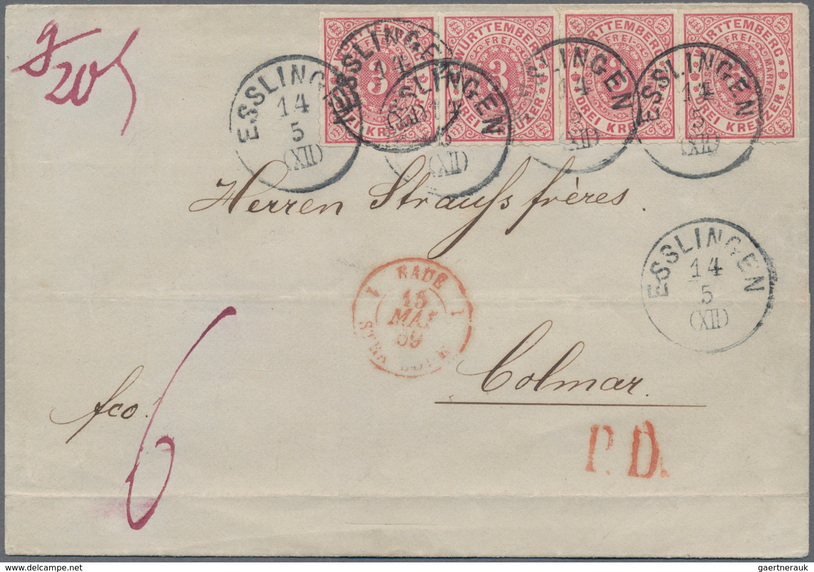 Württemberg - Marken Und Briefe: 1869, 3 Kr. Mittelrötlichkarmin, Zwei Waagerechte Paare Als Vierers - Other & Unclassified