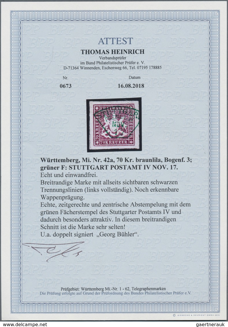 Württemberg - Marken Und Briefe: 1873, 70 Kr. Braunlila, Farbintensives Exemplar, Allseits Sehr Brei - Andere & Zonder Classificatie