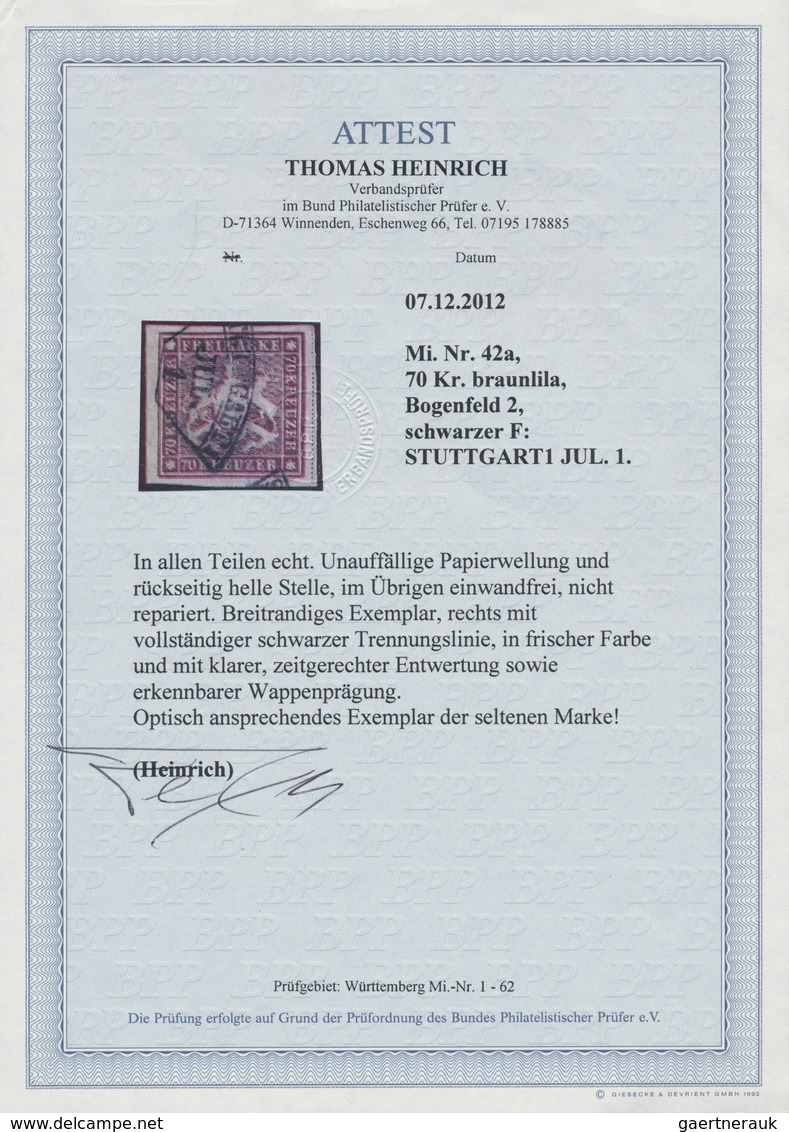 Württemberg - Marken Und Briefe: 1873, 70 Kr. Wappen Braunlila, Erste Auflage Mit Einfachen Linien U - Other & Unclassified