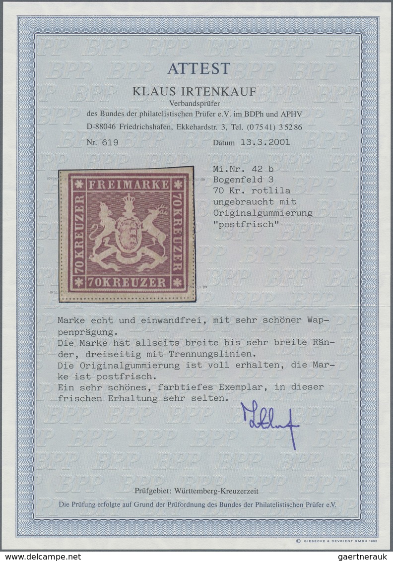 Württemberg - Marken Und Briefe: 1873, Wappenzeichnung 70 Kreuzer Rotlila, Postfrische Originalgummi - Andere & Zonder Classificatie