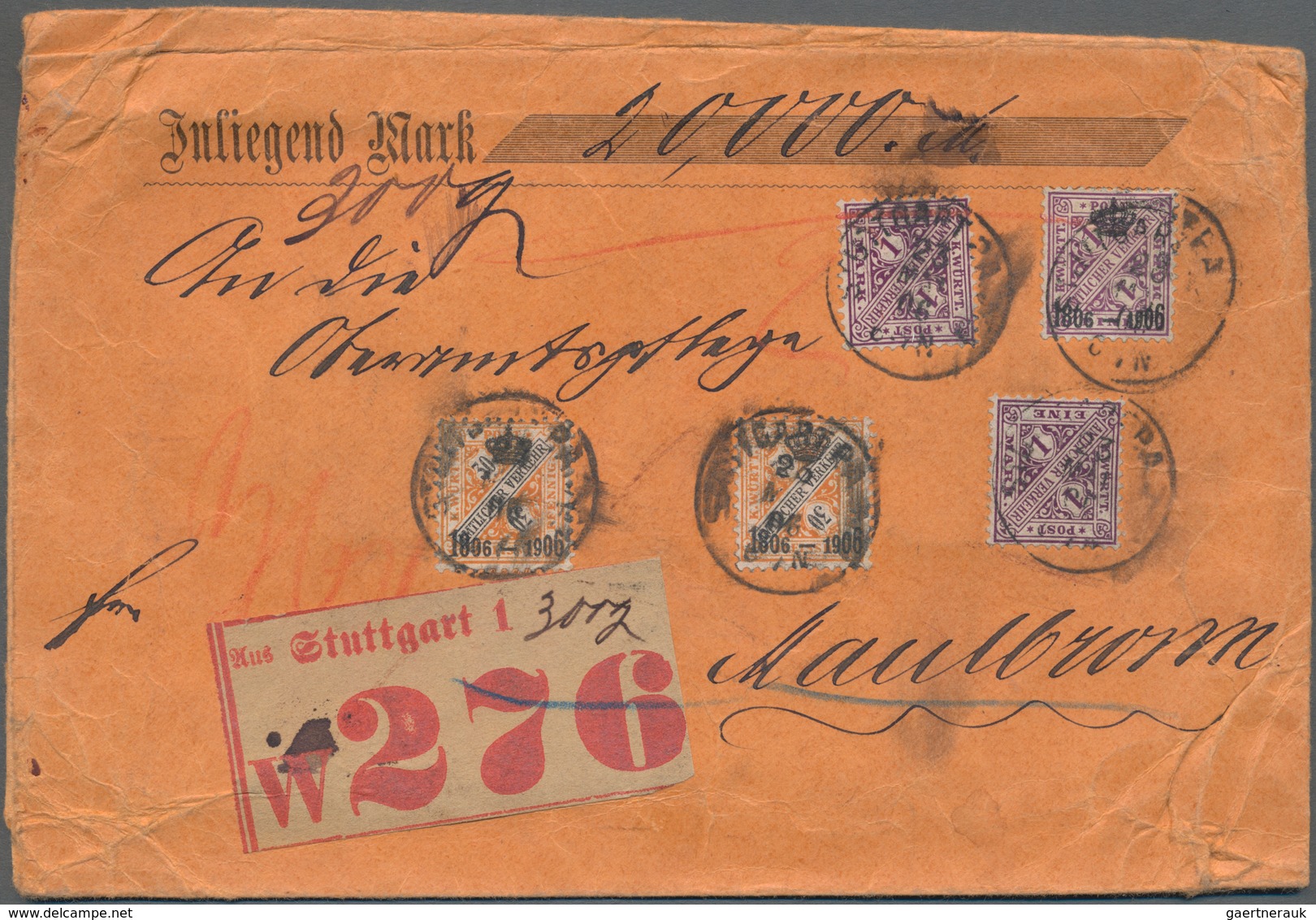 Württemberg - Marken und Briefe: Aus Württemberg Pfennigzeit: 1) 1891, 2 Mark dunkelgelblichorange/s