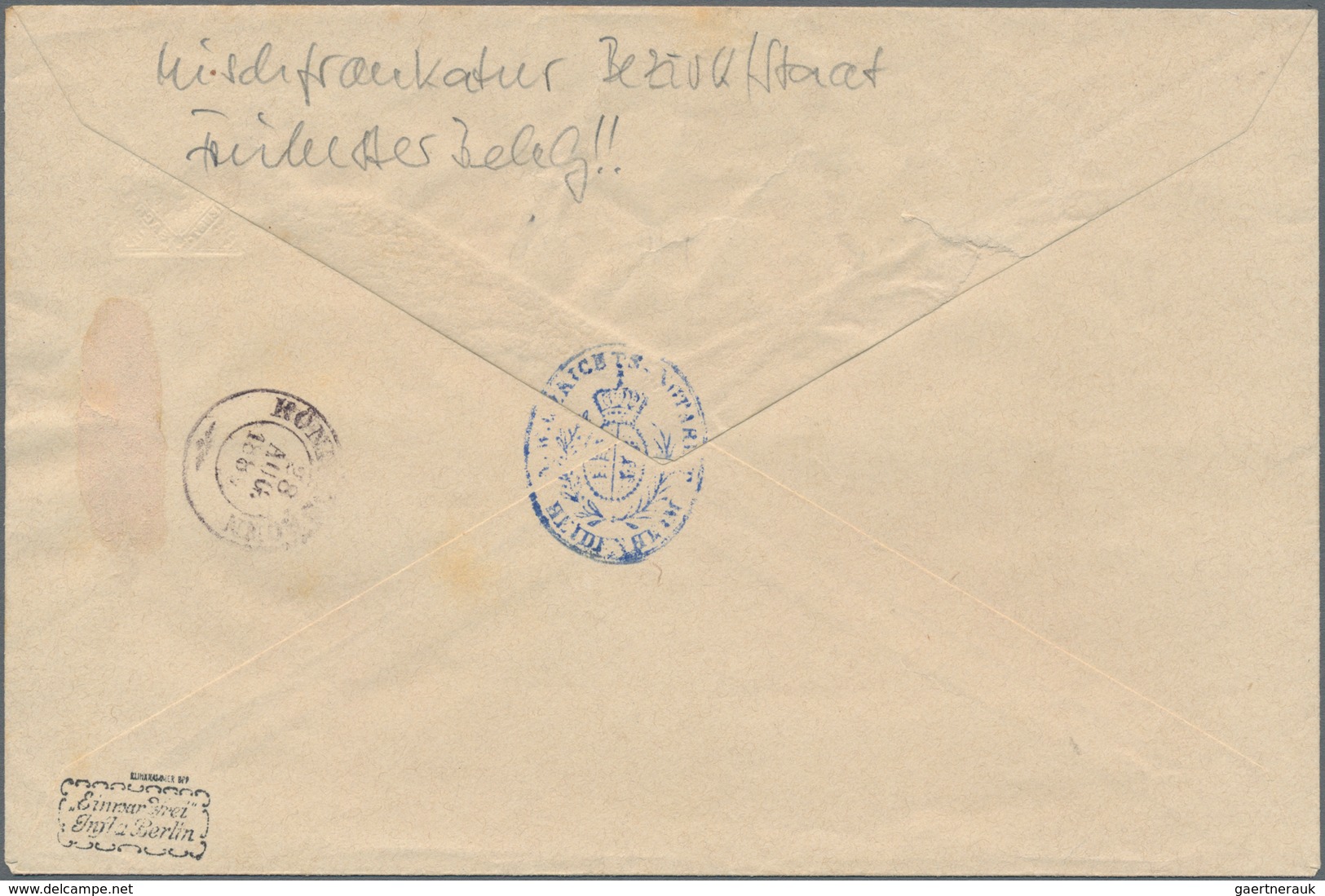 Württemberg - Marken und Briefe: Aus Württemberg Pfennigzeit: 1) 1891, 2 Mark dunkelgelblichorange/s