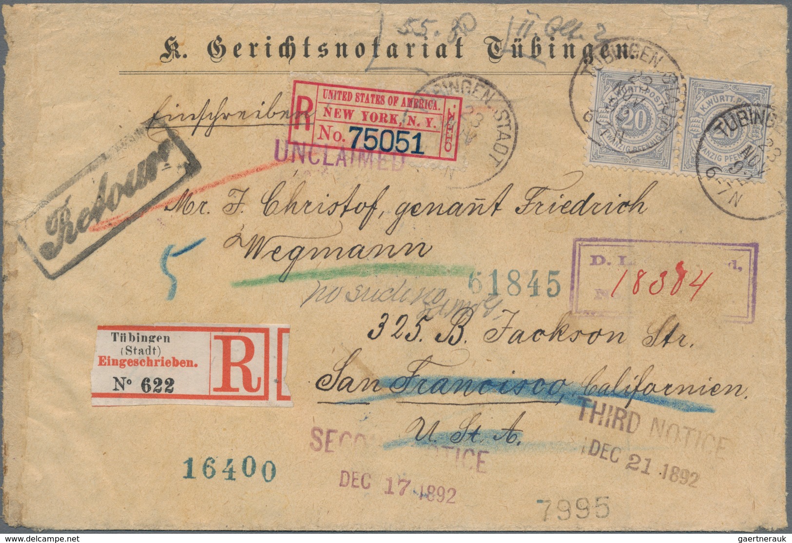 Württemberg - Marken Und Briefe: 1875, Paar 20 Pf Grau-ultramarin Auf IRRLÄUFER-Kuvert Per Einschrei - Other & Unclassified