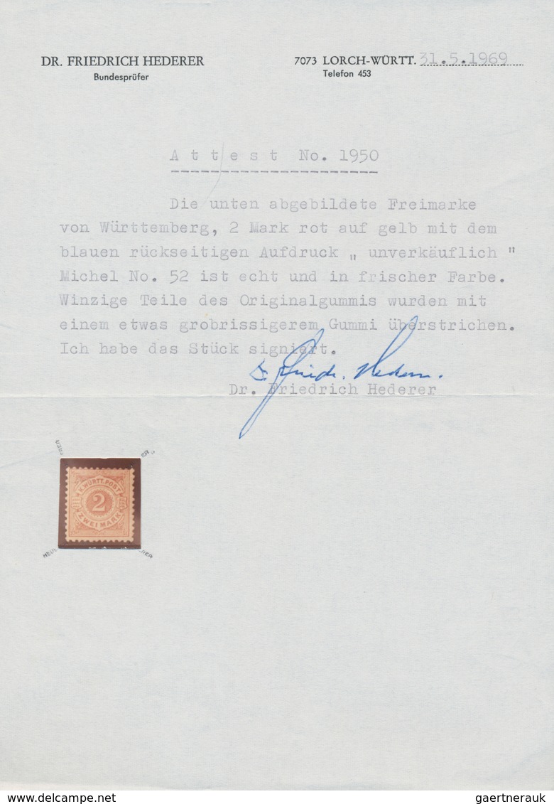 Württemberg - Marken Und Briefe: 1878, Ziffernausgabe 2 Mark Dunkelzinnober Auf Hellcromgelb, Ungebr - Andere & Zonder Classificatie