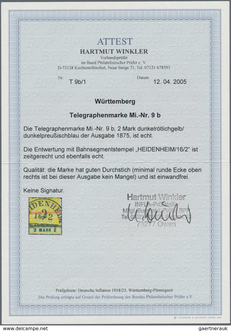 Württemberg - Telegrafenmarken: 1875: 2 Mark In Der Seltenen Farbnuance Dunkelrötlichgelb/preußischb - Other & Unclassified