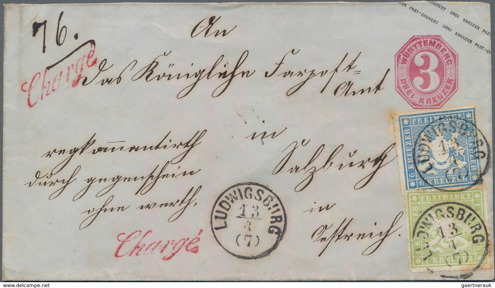 Württemberg - Ganzsachen: 1865, Ganzsachenumschlag 3 Kr. Karmin Mit Zusatzfrankatur 1 Kr. Hellgrün U - Sonstige & Ohne Zuordnung