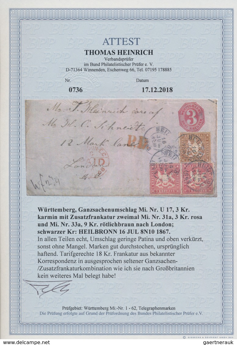 Württemberg - Ganzsachen: 1867, 9 Kr Rötlichbraun Und 2x 3 Kr Rotkarmin Als Zusatzfrankatur Auf 3 Kr - Andere & Zonder Classificatie