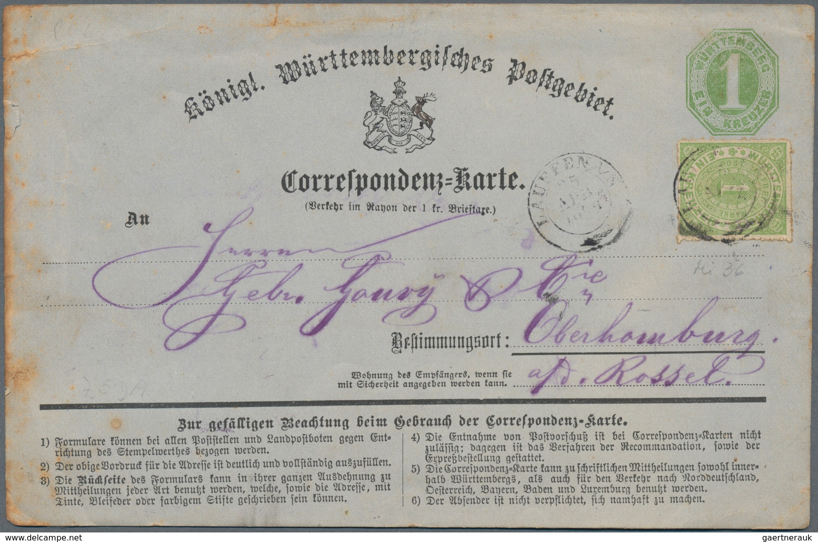 Württemberg - Ganzsachen: 1874-1902 Drei Bessere Ganzsachen, Dabei Korrespondenz-Karte Zu 1 Kr. Von - Other & Unclassified