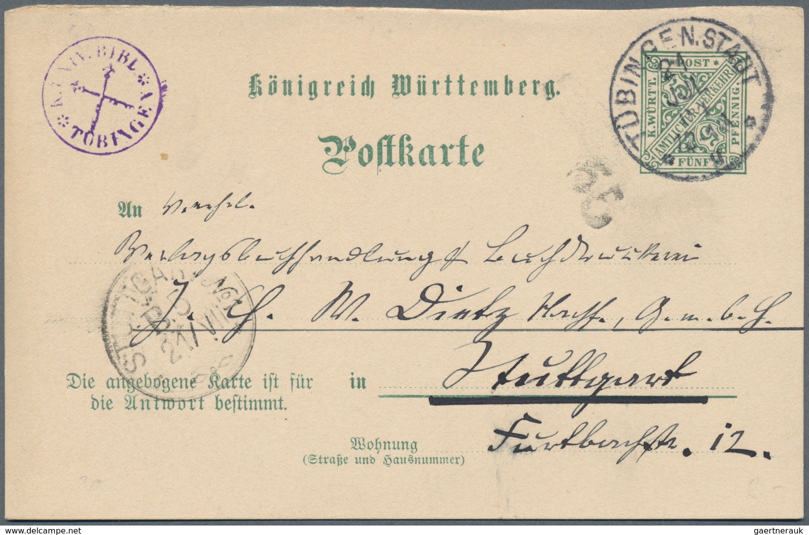 Württemberg - Ganzsachen: 1904. Fragekarte 5 Pf Grün. Gebraucht Von "Tübingen.Stadt 21.7.04" Nach St - Other & Unclassified