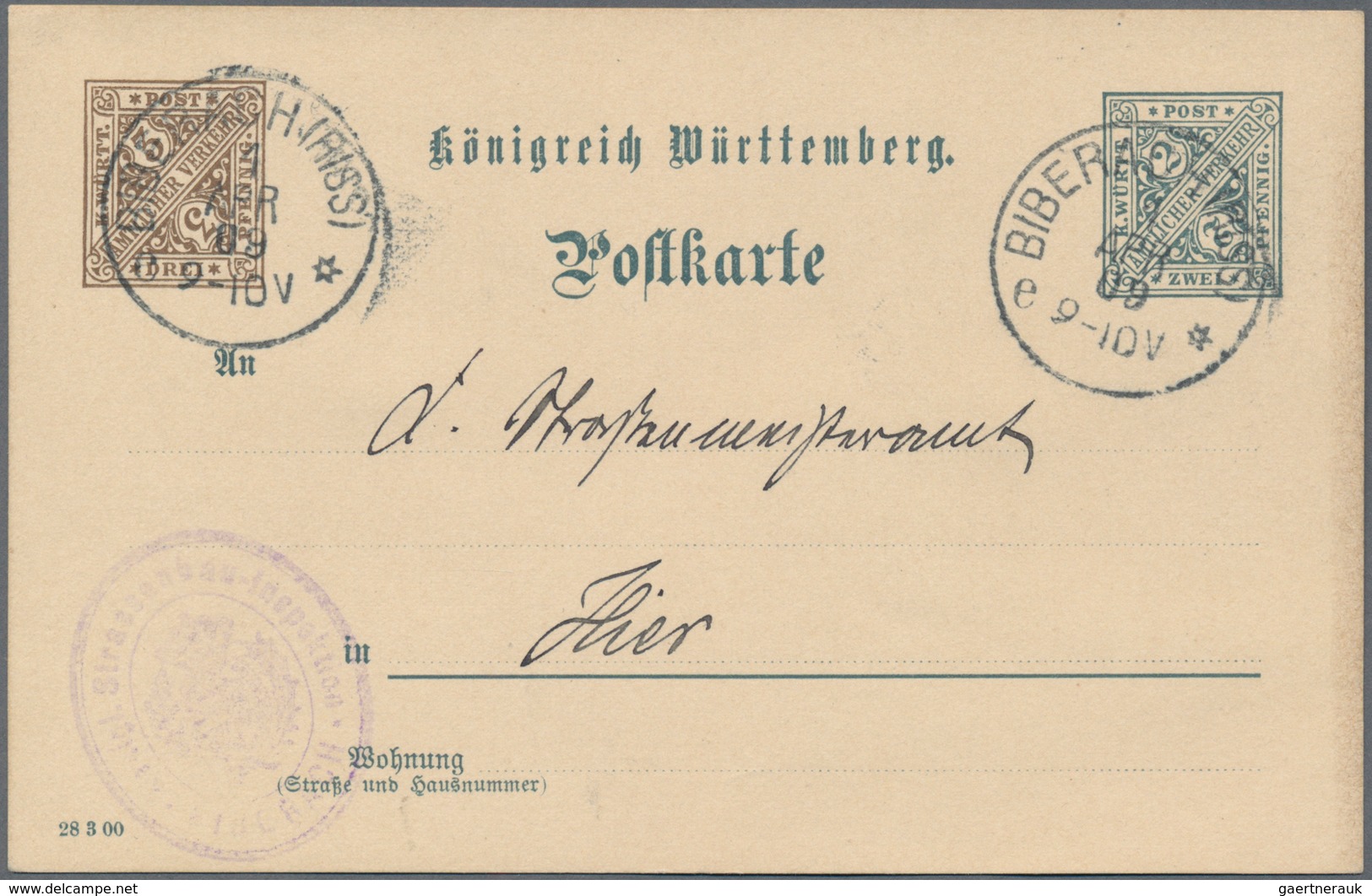 Württemberg - Ganzsachen: 1909. Dienst-Postkarte 3 Pf Braun Neben 2 Pf Grau "Strassenbau-Inspektion - Sonstige & Ohne Zuordnung