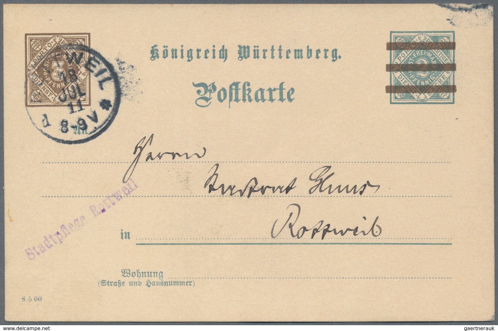 Württemberg - Ganzsachen: 1911. Dienst-Postkarte 3 Pf. Braun Auf (2 Pf. Grau) Mit L1 "Stadtpflege Ro - Other & Unclassified