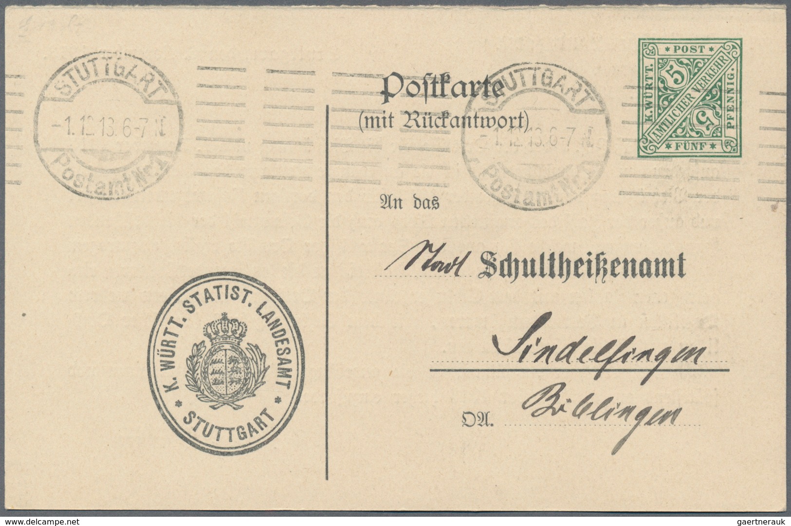 Württemberg - Ganzsachen: 1913. Dienst-Postkarte 5 Pf Grün Frageteil "Statistisches Landesamt". Gebr - Sonstige & Ohne Zuordnung