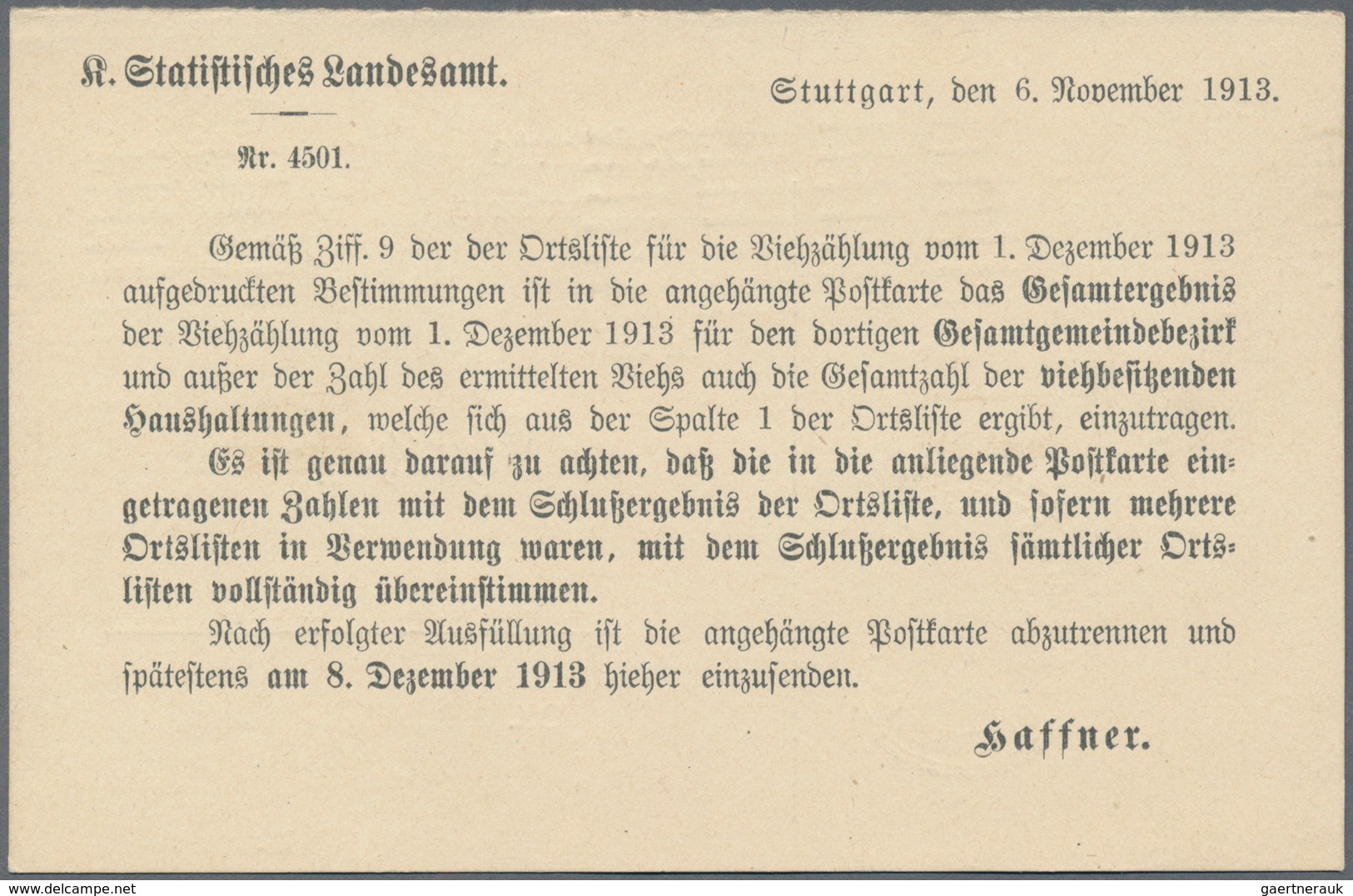 Württemberg - Ganzsachen: 1913. Dienst-Postkarte 5 Pf Grün Frageteil "Statistisches Landesamt". Gebr - Other & Unclassified