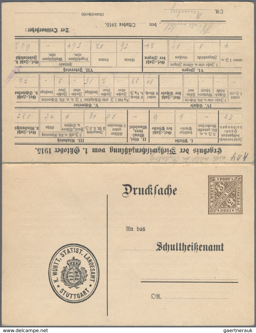 Württemberg - Ganzsachen: 1915. Dienst-Doppelkarte 3 Pf Braun + 5 Pf Grün "Viehzwischenzählung". Erg - Other & Unclassified