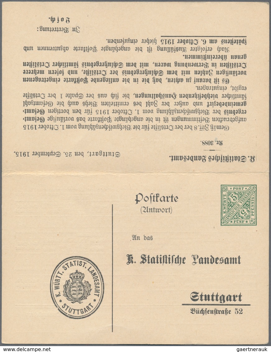 Württemberg - Ganzsachen: 1915. Dienst-Doppelkarte 3 Pf Braun + 5 Pf Grün "Viehzwischenzählung". Erg - Sonstige & Ohne Zuordnung