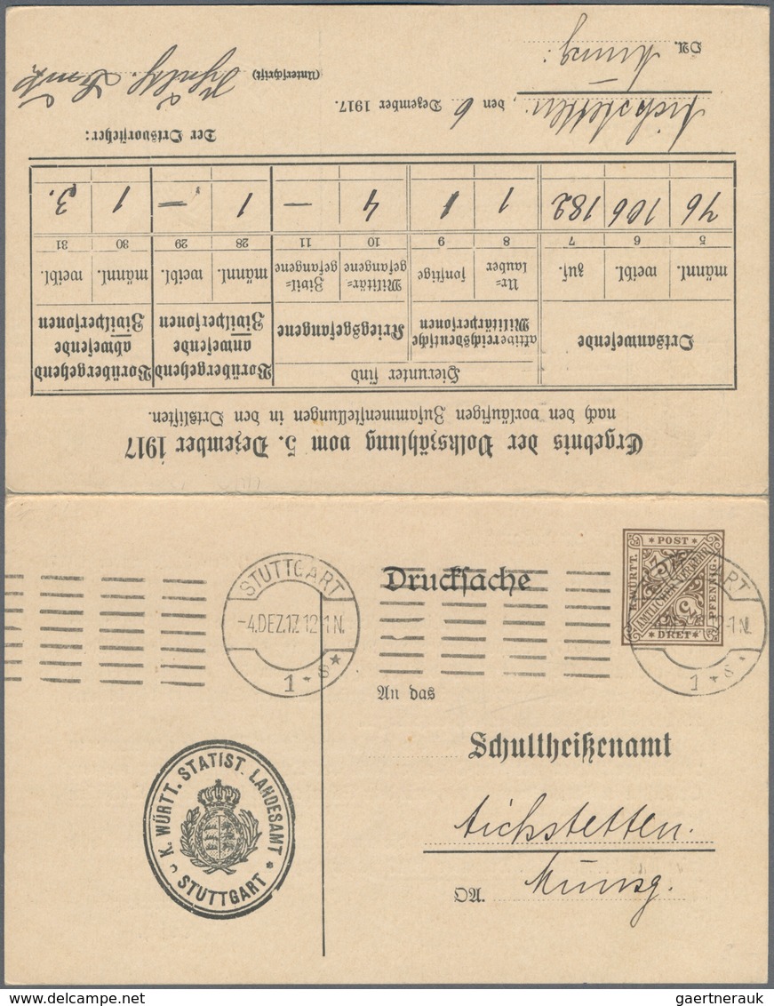 Württemberg - Ganzsachen: 1917. Dienst-Doppelkarte 3 Pf Braun + 7½ Pf Orange "Volkszählung 1917". Ge - Other & Unclassified