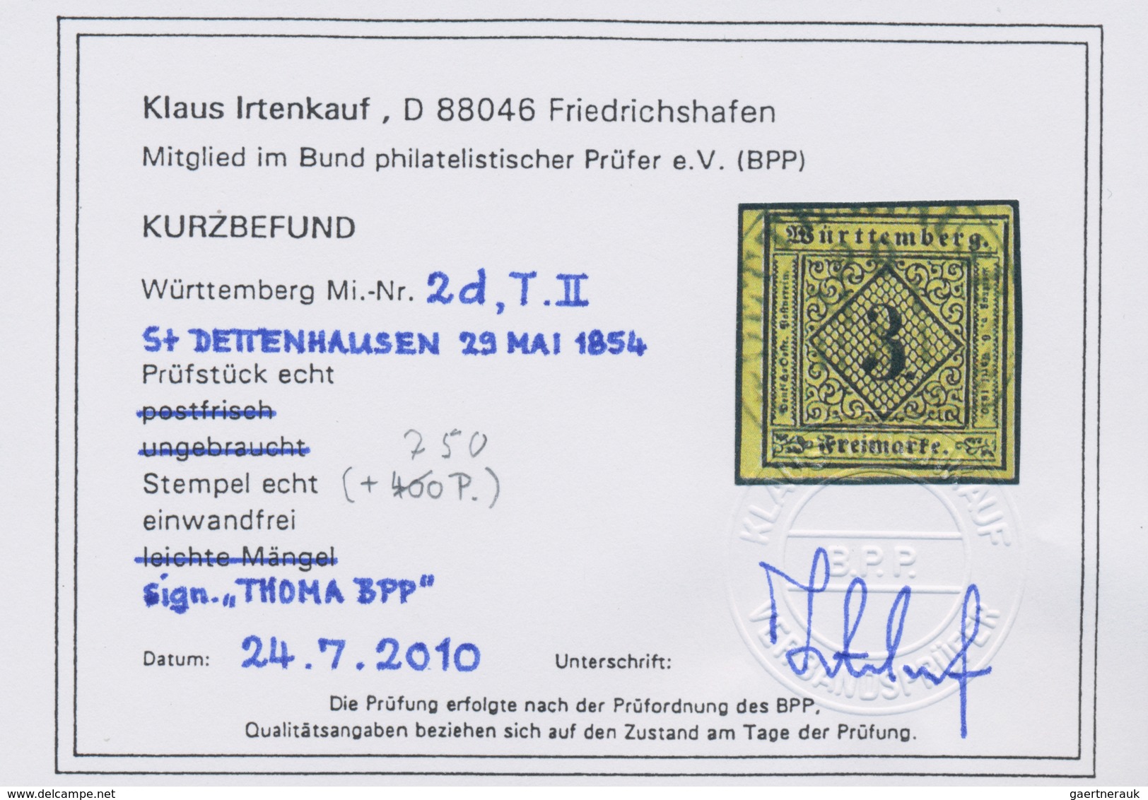 Württemberg - Steigbügelstempel: DETTENAUSEN 29 MAI 1854, Sauber Und Zentrisch Auf 3 Kr. Gelb Breitr - Other & Unclassified