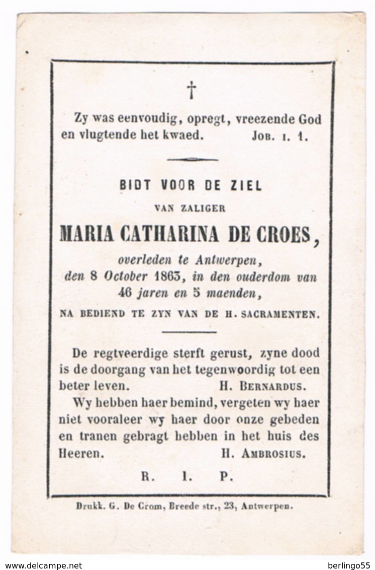 Dp. De Croes Maria. ° .....1816 † Antwerpen 1863  (2 Scan's) - Religion & Esotérisme