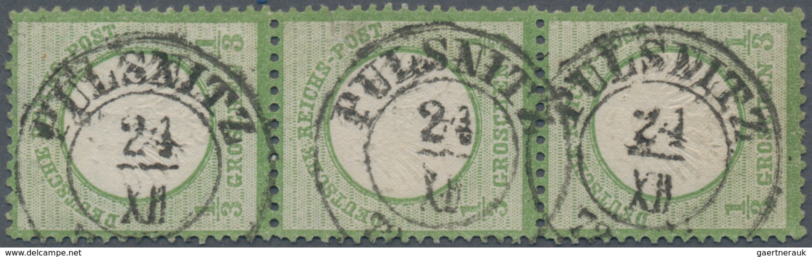 Deutsches Reich - Brustschild: 1872, Kleiner Schild 1/3 Gr Hellgrün Im Dreiersteifen Mit K2 "PULSNIT - Unused Stamps