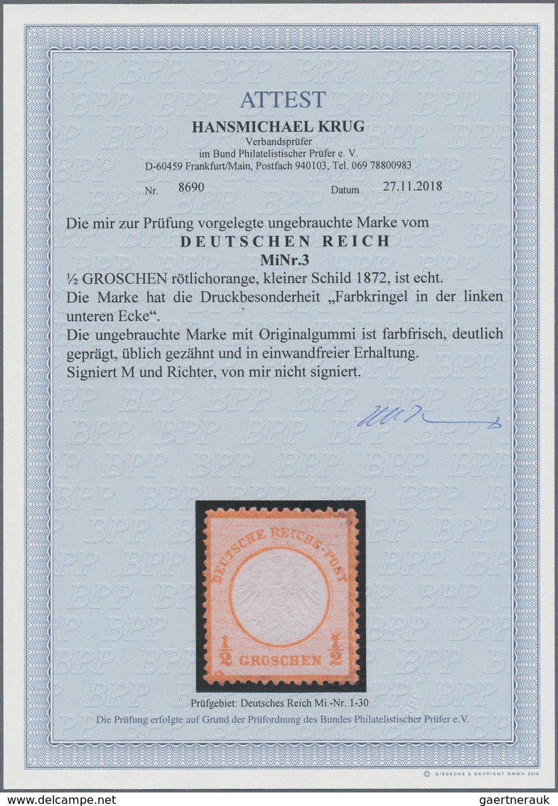 Deutsches Reich - Brustschild: 1872, Kleiner Schild ½ Gr Rötlichorange Mit Druckbesonderheit: Farbkr - Ungebraucht