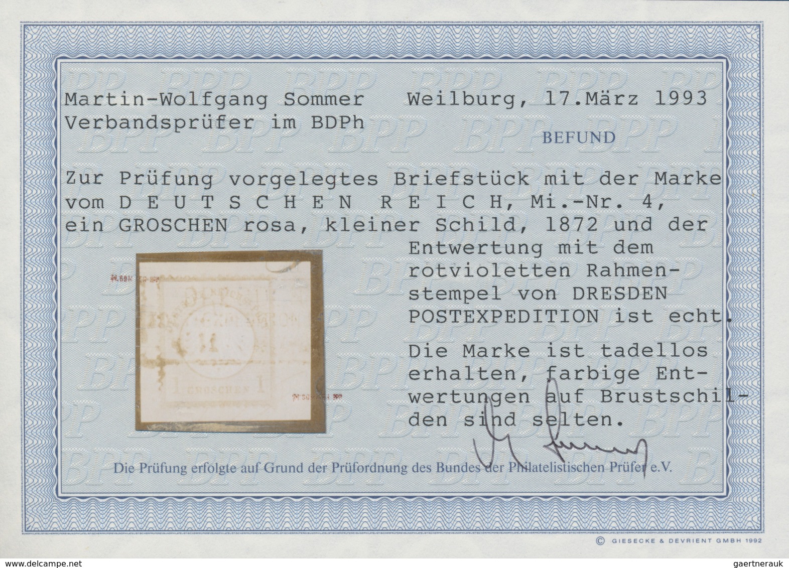 Deutsches Reich - Brustschild: 1872, Kl. Schild 1 Gr. Brfst. Mit SELTENEM VIOLETTEM Ra3 "DRESDEN POS - Ungebraucht