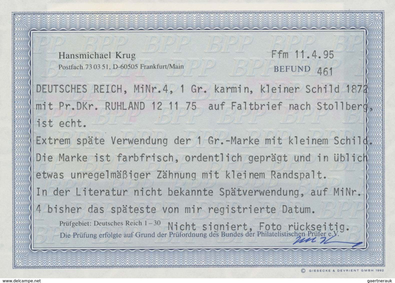 Deutsches Reich - Brustschild: 1872, Kl. Schild 1 Gr. Auf Brief Von "RUHLAND 12 11 75" SPÄTESTE BEKA - Ongebruikt