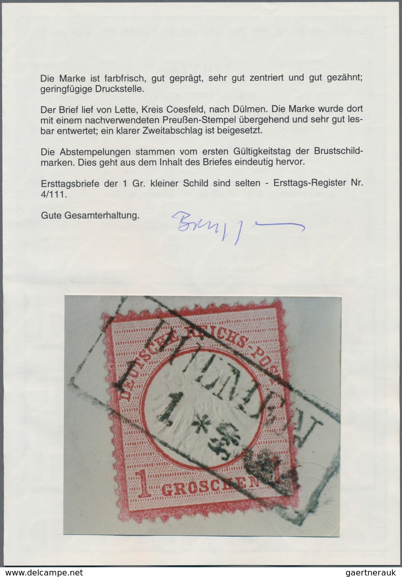 Deutsches Reich - Brustschild: 1872, ERSTTAGSBRIEF Kleiner Schild 1 Gr. Karmin, Farbfrisches Exempla - Ungebraucht
