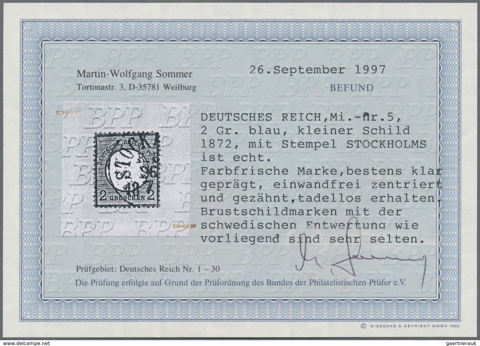 Deutsches Reich - Brustschild: 1872, Kleiner Schild 2 Gr Hellblau Mit Schwedischem K1 "STOCKHOLM K.K - Unused Stamps
