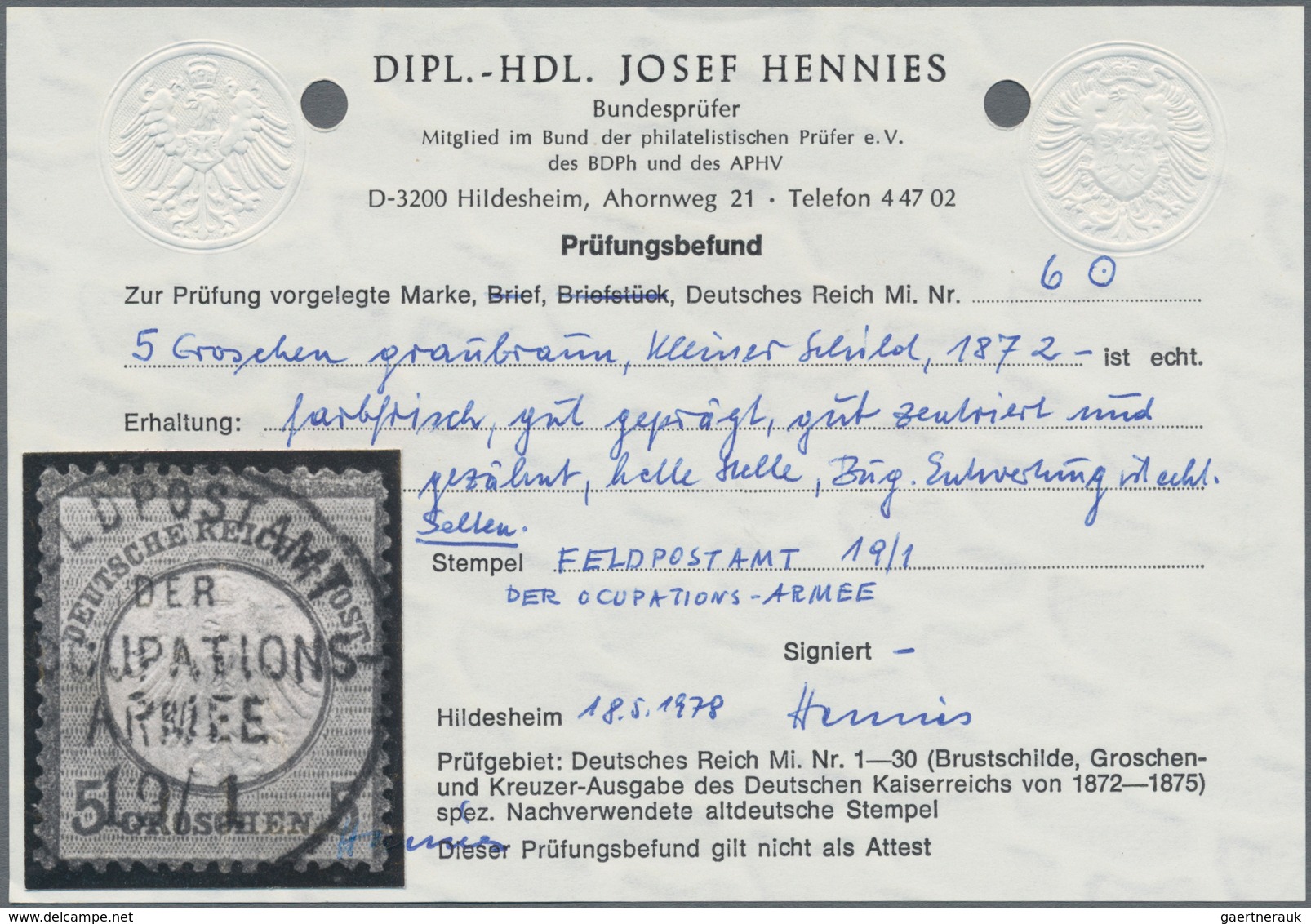 Deutsches Reich - Brustschild: 1872 Kleiner Schild 5 Gr Graubraun Mit Ideal-K1 "FELDPOSTAMT DER OCCU - Ungebraucht