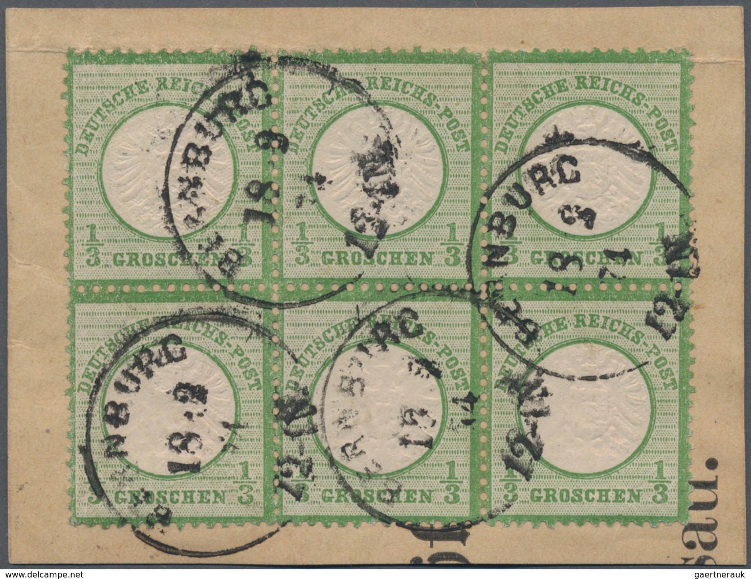 Deutsches Reich - Brustschild: 1872 Großer Schild 1/3 Gr. Grün Sechserblock(!) Auf Briefstück Mit K1 - Ungebraucht