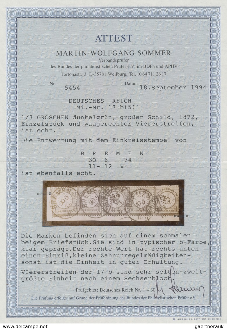 Deutsches Reich - Brustschild: 1872 Großer Schild 1/3 Gr. Dunkelgrün 4-er Streifen Auf Briefstück Mi - Unused Stamps