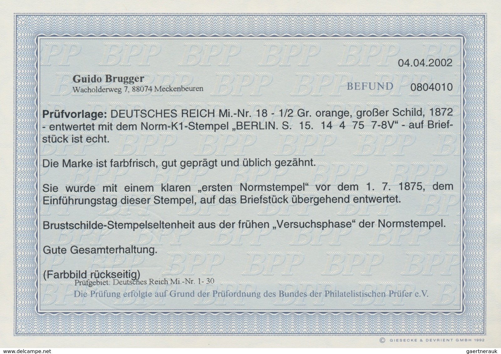 Deutsches Reich - Brustschild: 1872, Großer Schild ½ Gr. Orange Mit Sehr Seltenem Frühem Norm-K1 "BE - Unused Stamps