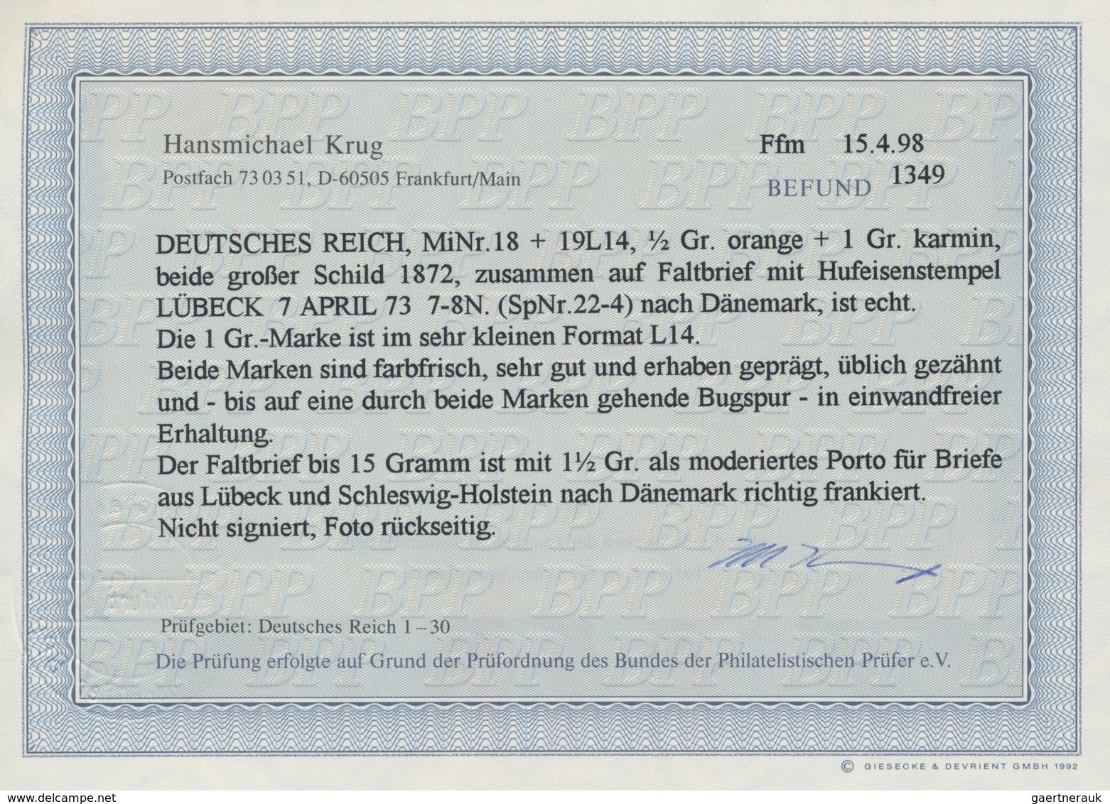 Deutsches Reich - Brustschild: 1873. MiF Aus 1/2 Gr (gr. Schild) Und 1 Gr (gr. Schild; Seltenes Ganz - Ungebraucht