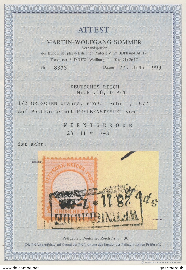 Deutsches Reich - Brustschild: 1872, Großer Schild ½ Gr. Orange Mit Doppelprägung Des Mittelstückes - Ungebraucht