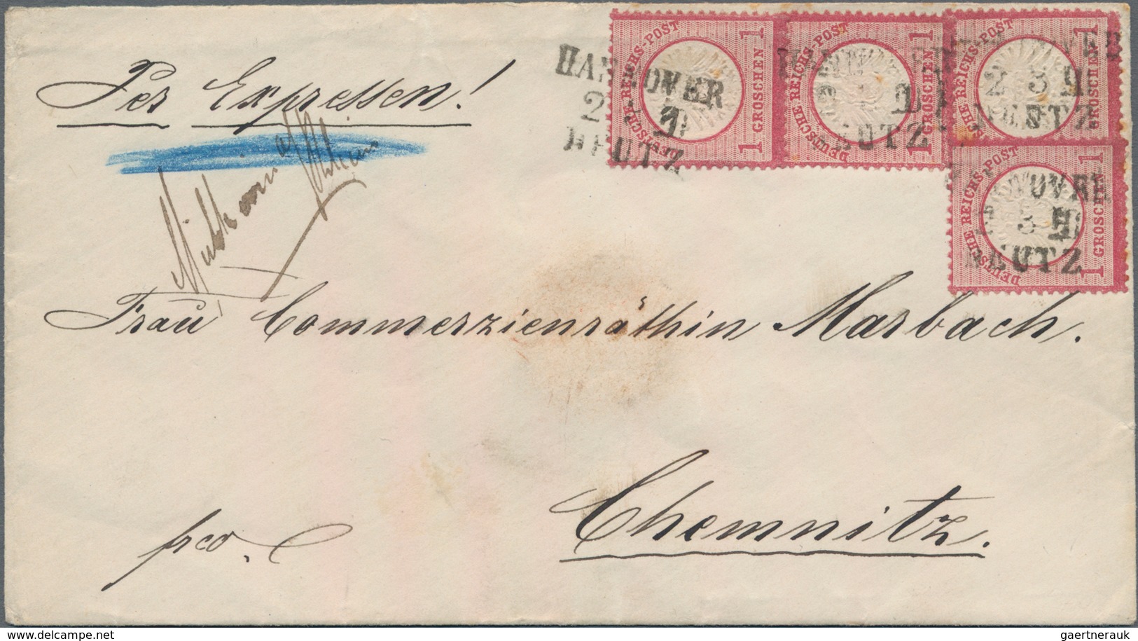 Deutsches Reich - Brustschild: 1872. MeF Aus 4x 1 Gr (gr. Schild) Auf Express-Brief Mit Bahnpost-L3 - Ungebraucht