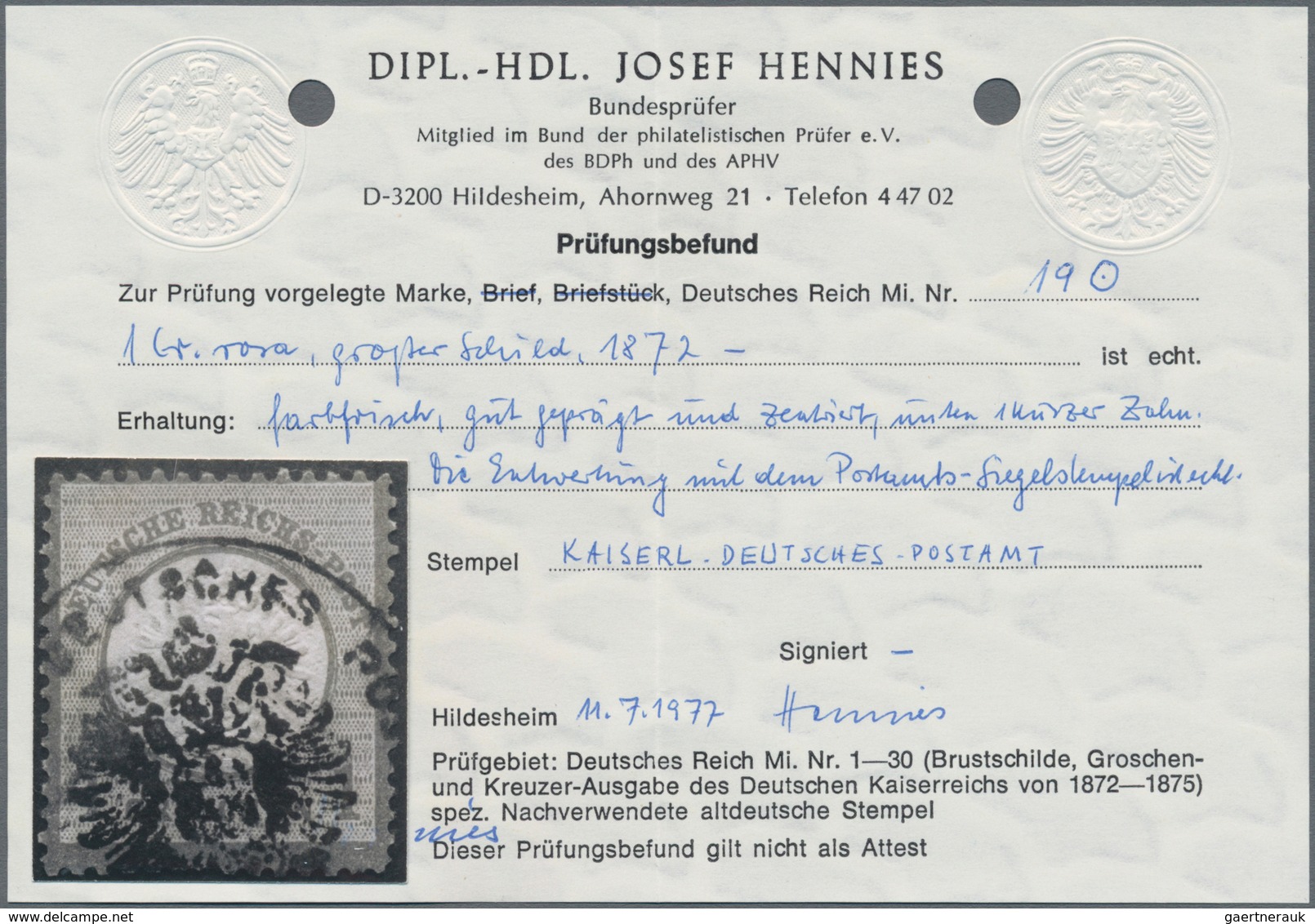 Deutsches Reich - Brustschild: 1872, Großer Schild 1 Gr Karmin Mit Seltenem REICHSADLER-HILFSPOSTAMT - Unused Stamps