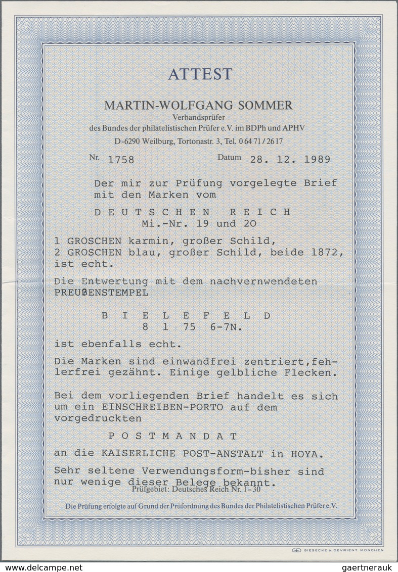Deutsches Reich - Brustschild: 1872 Großer Schild 1 Gr. Karmin Und 2 Gr. Blau Auf Vordruck-POSTMANDA - Ungebraucht