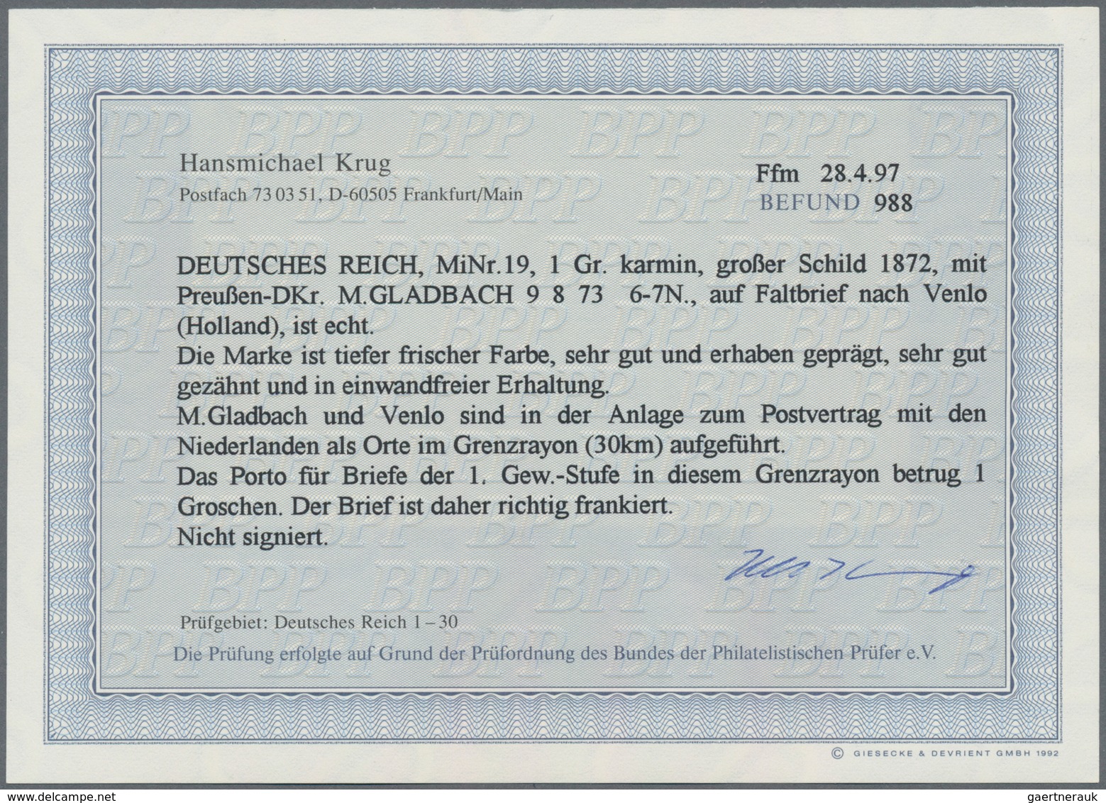 Deutsches Reich - Brustschild: 1872, 1 Groschen Karmin Großer Schild Als Sonderporto (Grenzrayon) En - Ongebruikt
