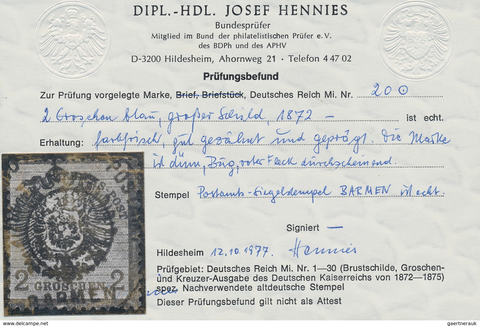 Deutsches Reich - Brustschild: 1872, Großer Schild 2 Gr. Blau Mit Sehr Seltenem Postamts-Siegelstemp - Ungebraucht