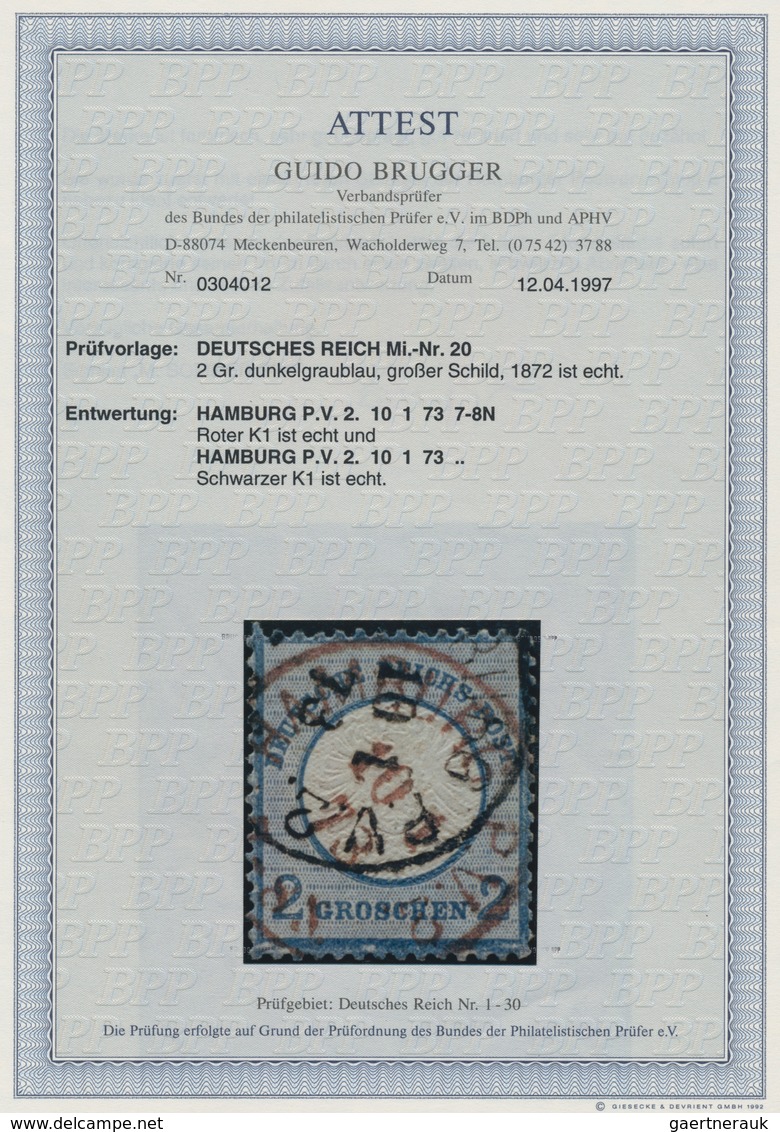 Deutsches Reich - Brustschild: 1872, Großer Schild 2 Gr. Graublau Mit ROTEM Und Schwarzem K1 "HAMBUR - Unused Stamps