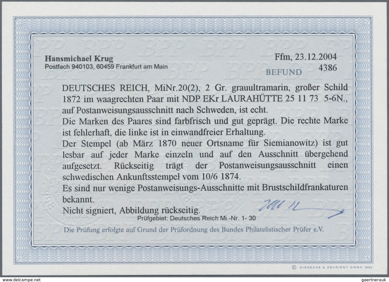 Deutsches Reich - Brustschild: 1872, POSTANWEISUNGS-AUSSCHNITT Mit Paar 2 Gr. Ultramarin Und NPD-K1 - Ongebruikt