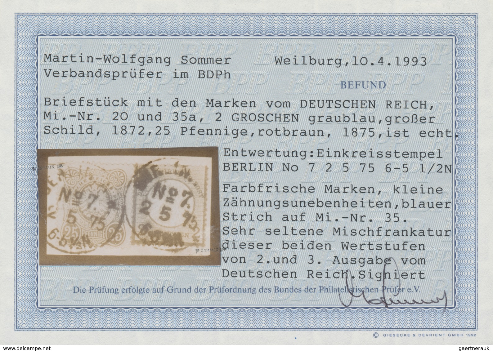 Deutsches Reich - Brustschild: 1872 Großer Schild 2 Gr. Blau + 25 Pfennige Rotbraun Auf Briefstück M - Ongebruikt