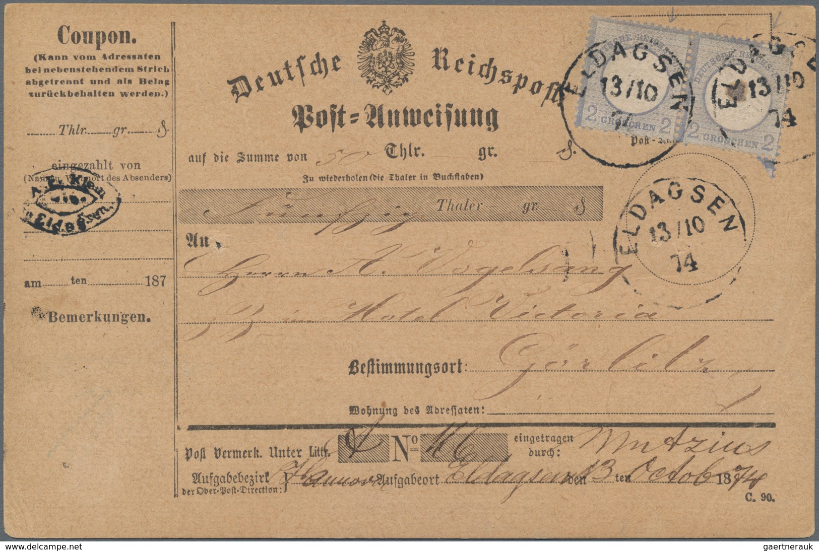 Deutsches Reich - Brustschild: 1872, Paar 2 Gr. Mit Plattenfehlern IV Und I Auf POSTANWEISUNGS-ÜBUNG - Unused Stamps