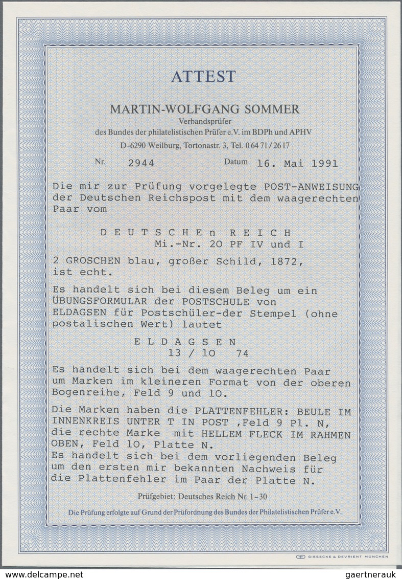 Deutsches Reich - Brustschild: 1872, Paar 2 Gr. Mit Plattenfehlern IV Und I Auf POSTANWEISUNGS-ÜBUNG - Ongebruikt