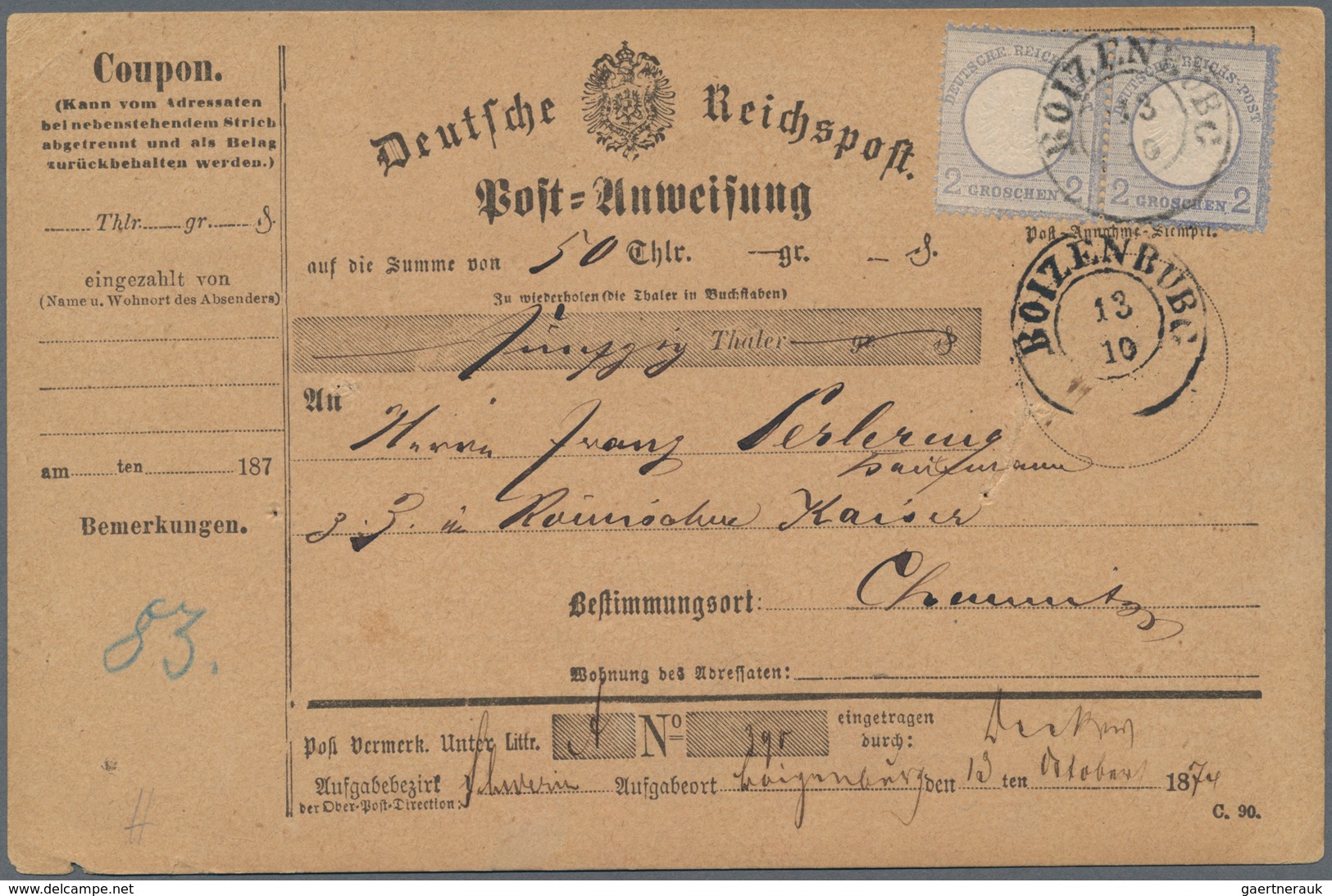 Deutsches Reich - Brustschild: 1872, Großer Schild 2 Gr Im Paar Auf Übungs-POSTANWEISUNG Mit K2 "BOI - Unused Stamps