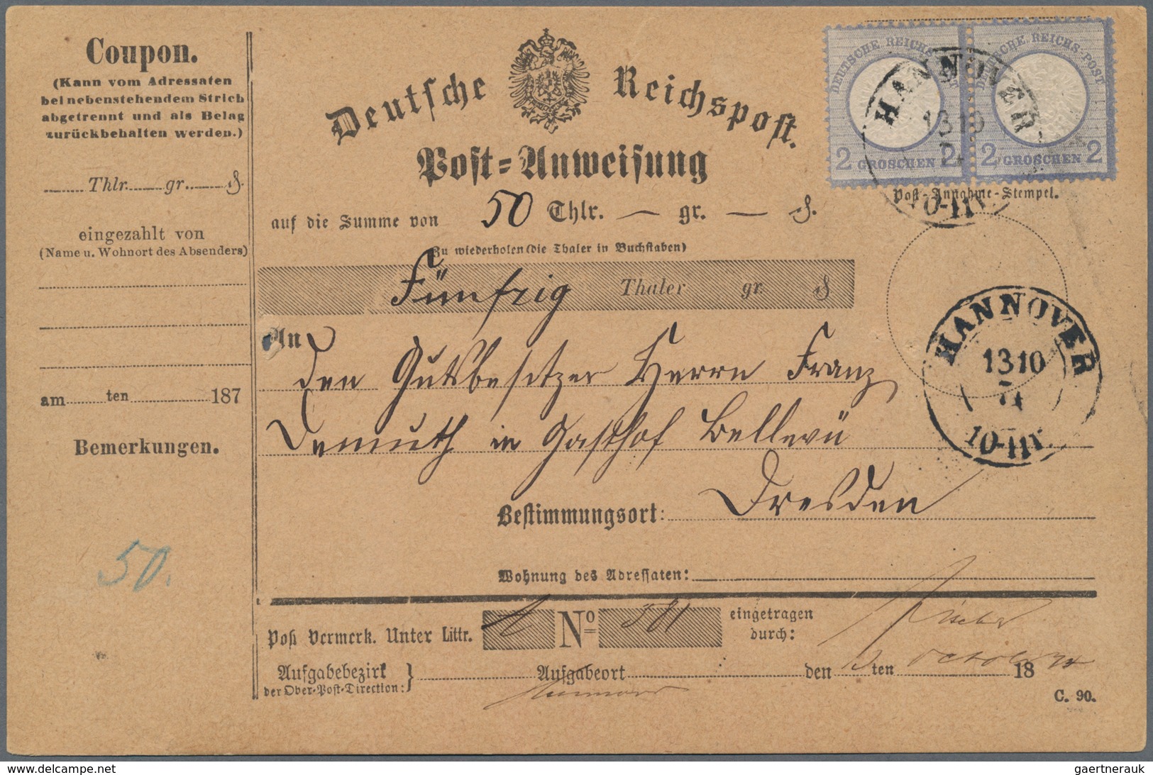 Deutsches Reich - Brustschild: 1872, Großer Schild 2 Gr Im Paar Auf Übungs-POSTANWEISUNG Mit K2 "HAN - Unused Stamps